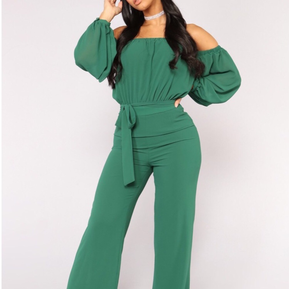 **SOLD**FASHION NOVA Off Shoulder Green Jumpsuit